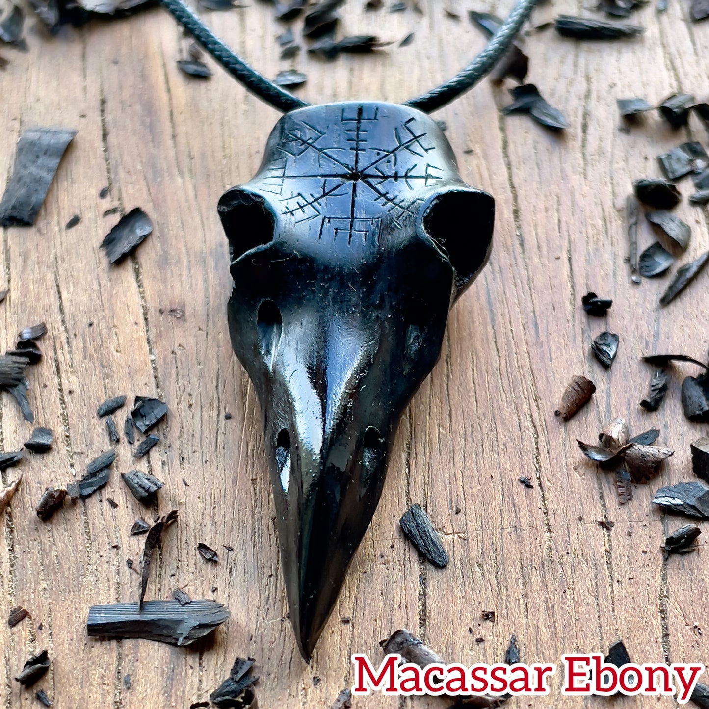 Raven Skull Vegvísir Ebony Wood Pendant