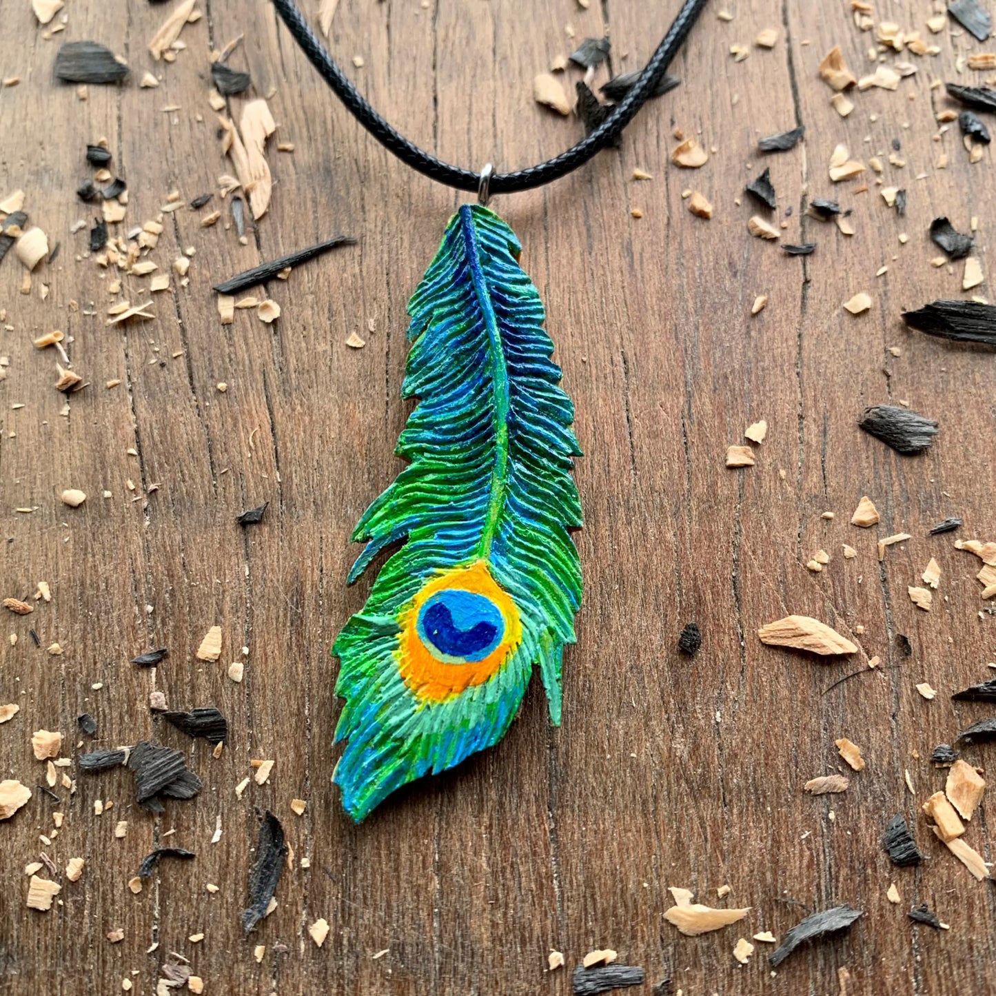 Peacock Feather Walnutood Pendant