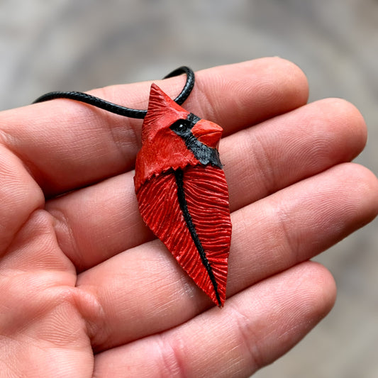 Cardinal Bird Head-Feather Walnut Wood Pendant