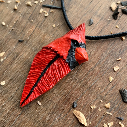 Cardinal Bird Head-Feather Walnut Wood Pendant