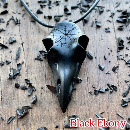 Raven Skull Vegvísir Ebony Wood Pendant