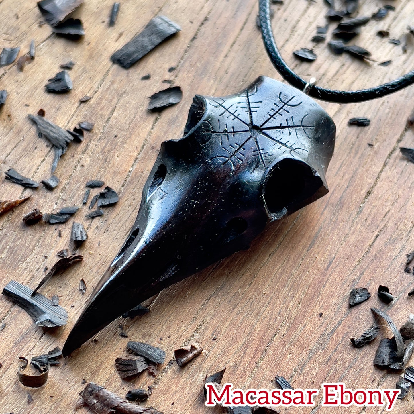 Raven Skull Helm Of Awe Ebony Wood Pendant