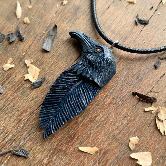 Raven Head_Feather Walnut Wood Pendant