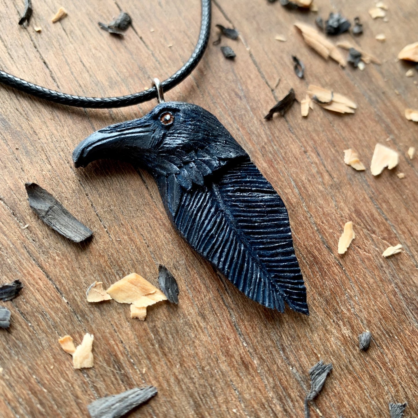 Raven Head_Feather Walnut Wood Pendant