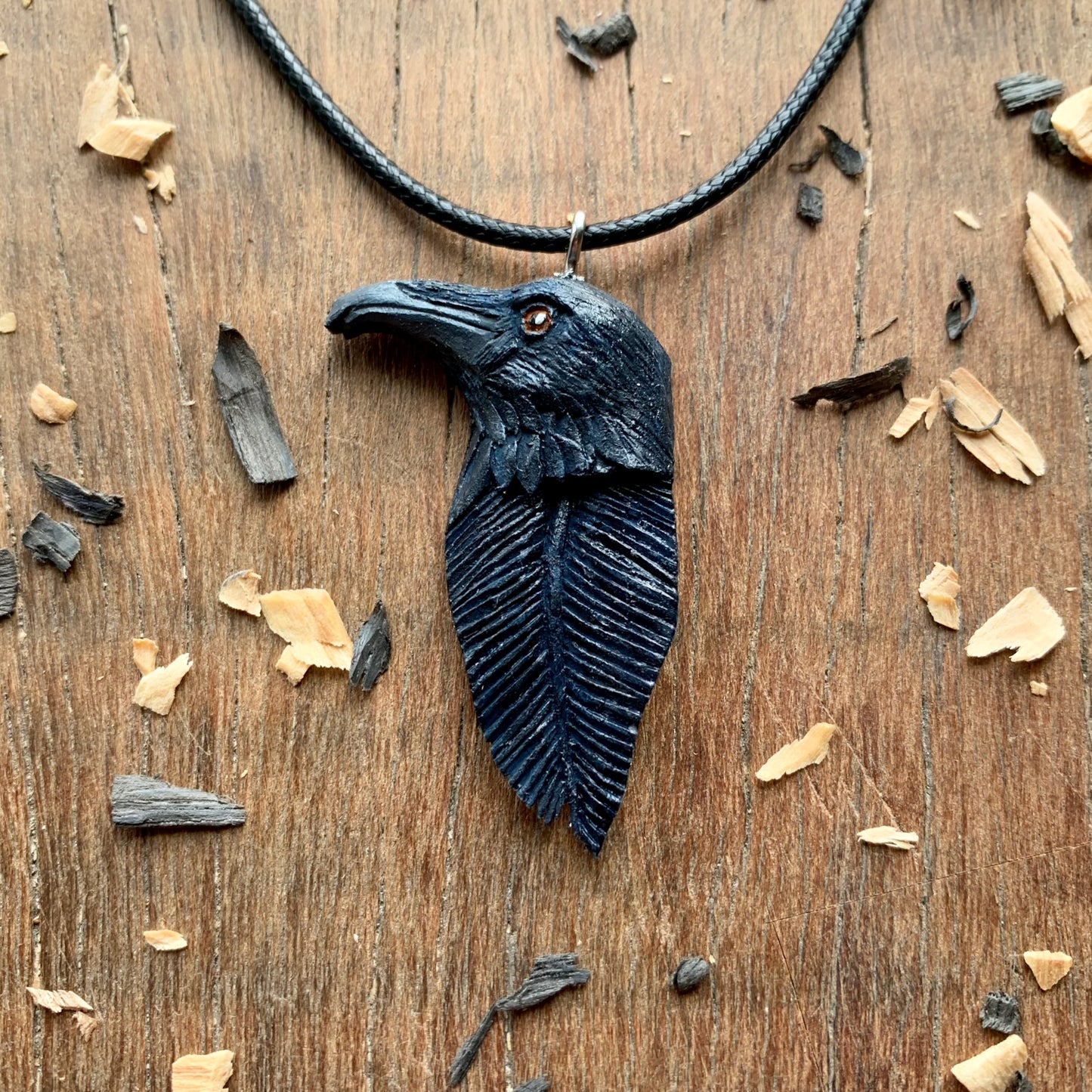 Raven Head_Feather Walnut Wood Pendant