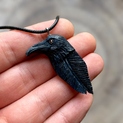 Raven Head_Feather Walnut Wood Pendant