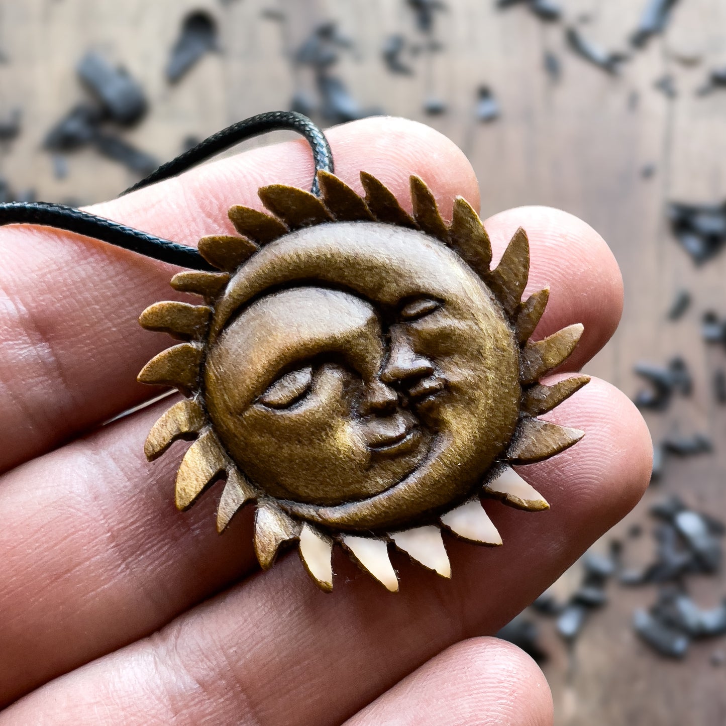 Sun and Moon Face Walnut Wood Pendant