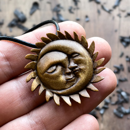Sun and Moon Face Walnut Wood Pendant