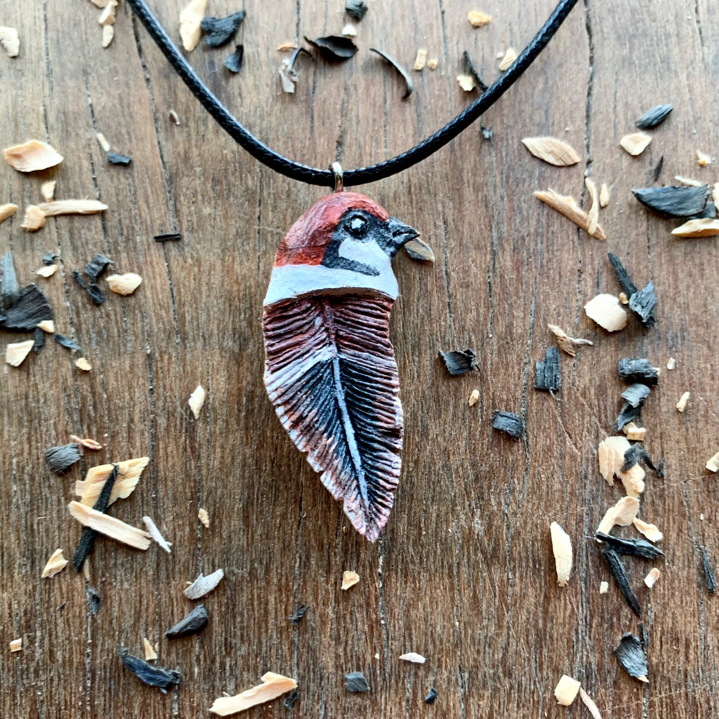 Sparrow Bird Head-Feather Walnut Wood Pendant