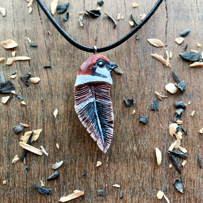 Sparrow Bird Head-Feather Walnut Wood Pendant