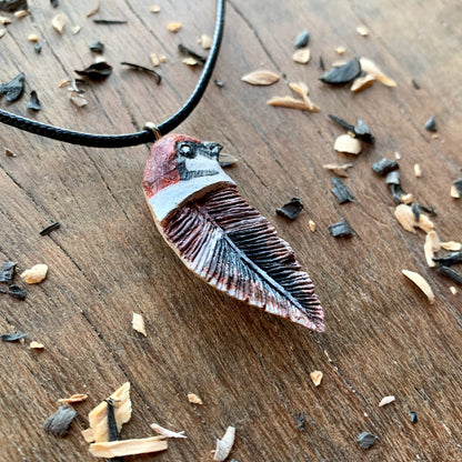 Sparrow Bird Head-Feather Walnut Wood Pendant