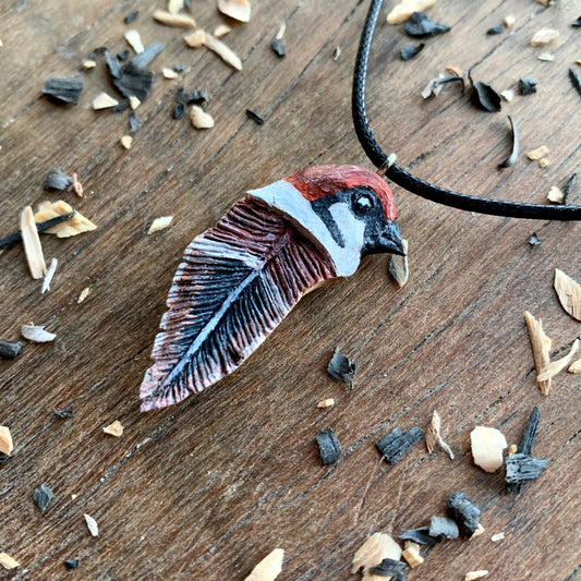 Sparrow Bird Head-Feather Walnut Wood Pendant