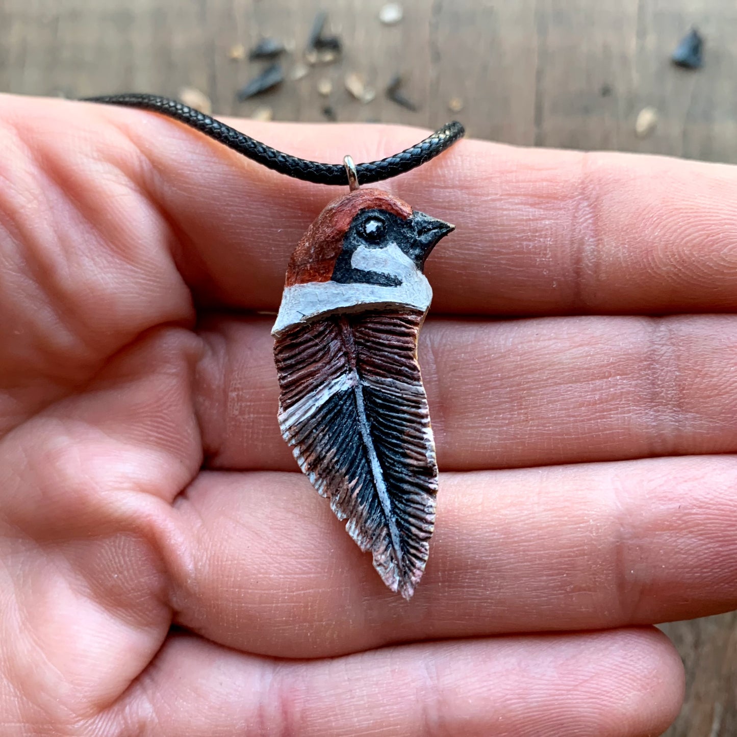 Sparrow Bird Head-Feather Walnut Wood Pendant