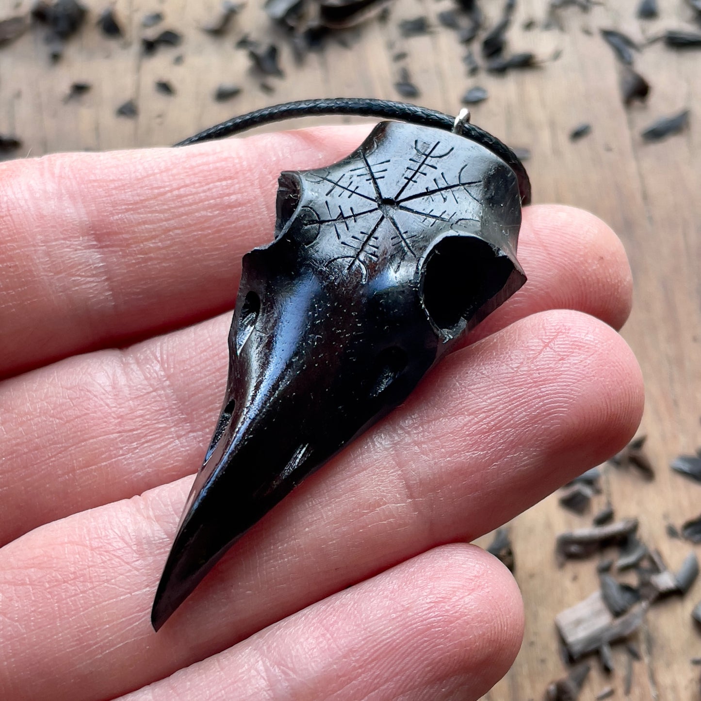 Raven Skull Helm Of Awe Ebony Wood Pendant