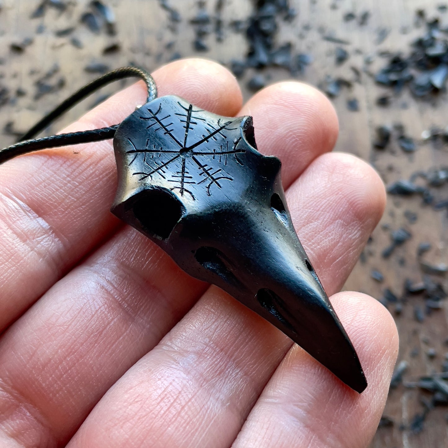 Raven Skull Helm Of Awe Ebony Wood Pendant