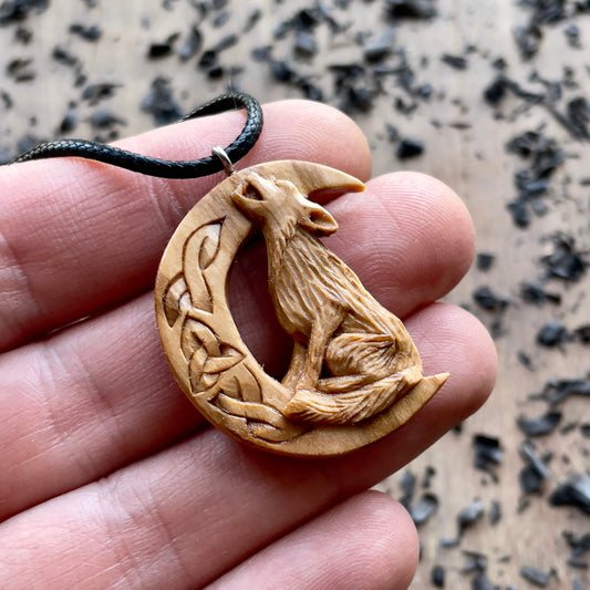 Wolf on the Moon Pendant with Triquetra
