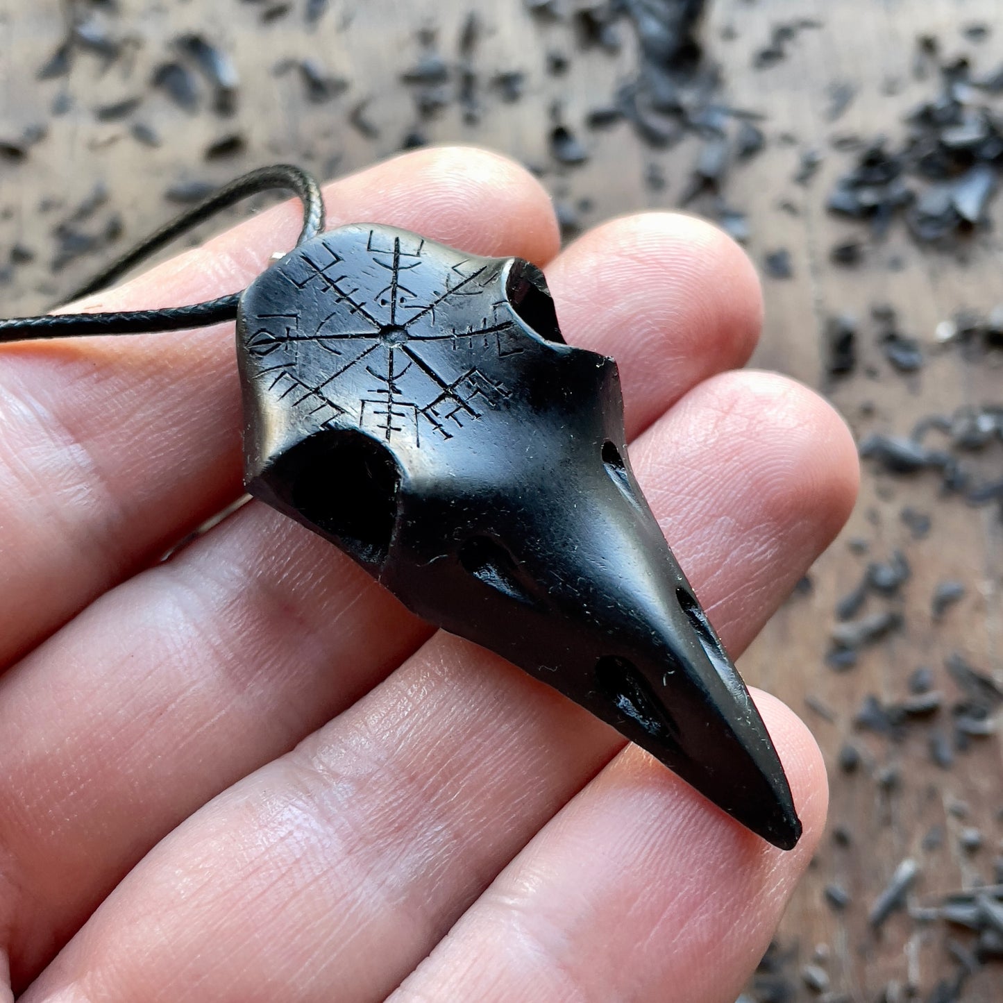 Raven Skull Vegvísir Ebony Wood Pendant