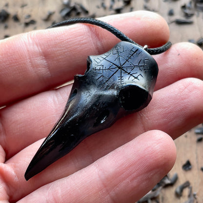 Raven Skull Vegvísir Ebony Wood Pendant