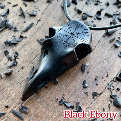 Raven Skull Vegvísir Ebony Wood Pendant