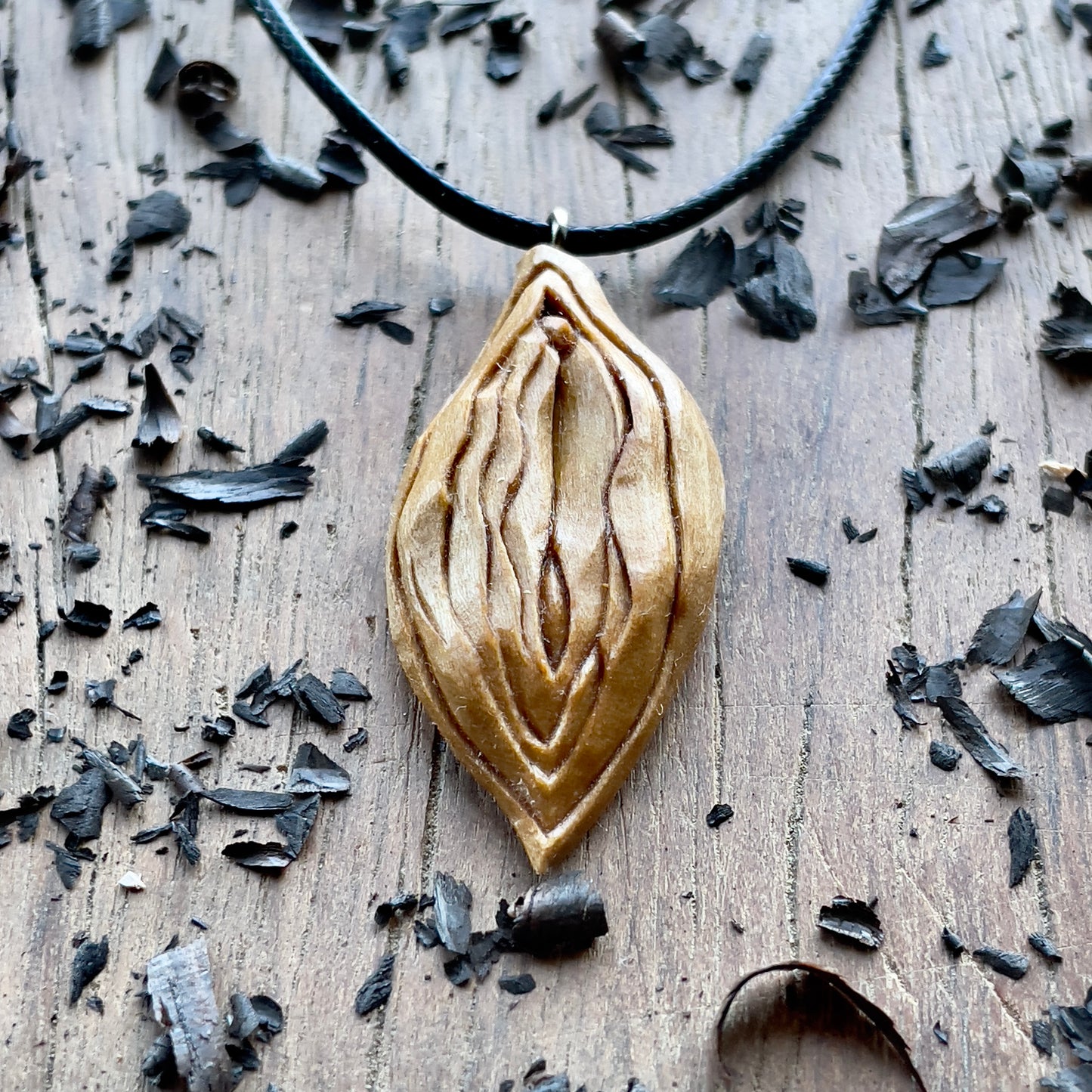 Abstract Vulva Pendant in Olive Wood