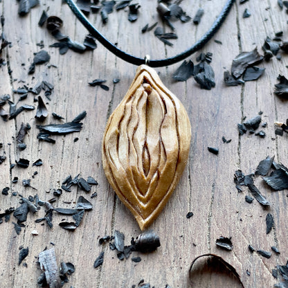 Abstract Vulva Pendant in Olive Wood