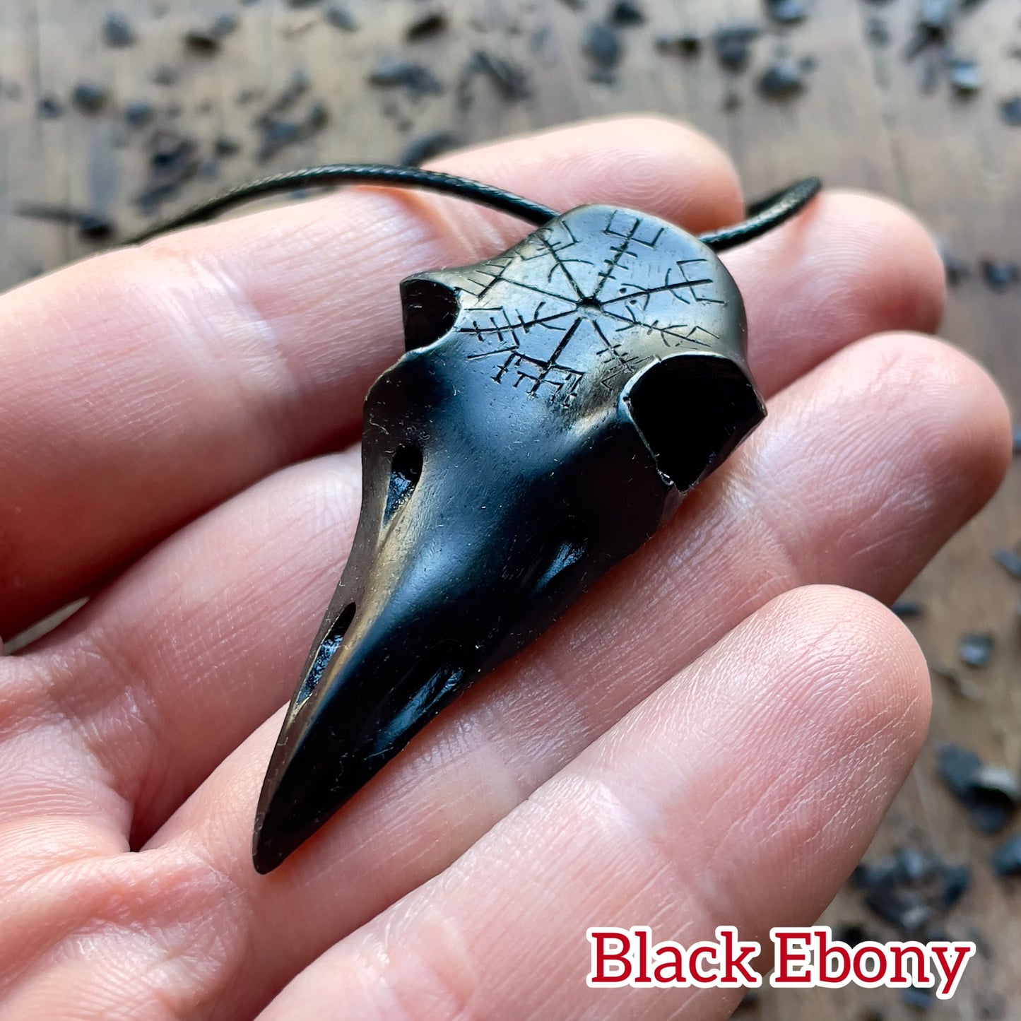 Raven Skull Vegvísir Ebony Wood Pendant