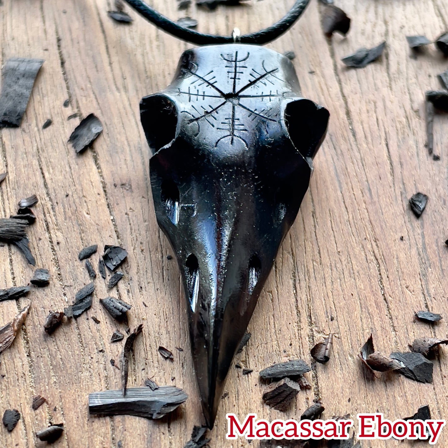 Raven Skull Helm Of Awe Ebony Wood Pendant
