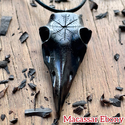 Raven Skull Helm Of Awe Ebony Wood Pendant