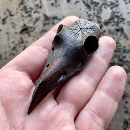 Raven skull wood sculpture