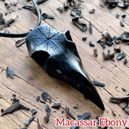 Raven Skull Vegvísir Ebony Wood Pendant