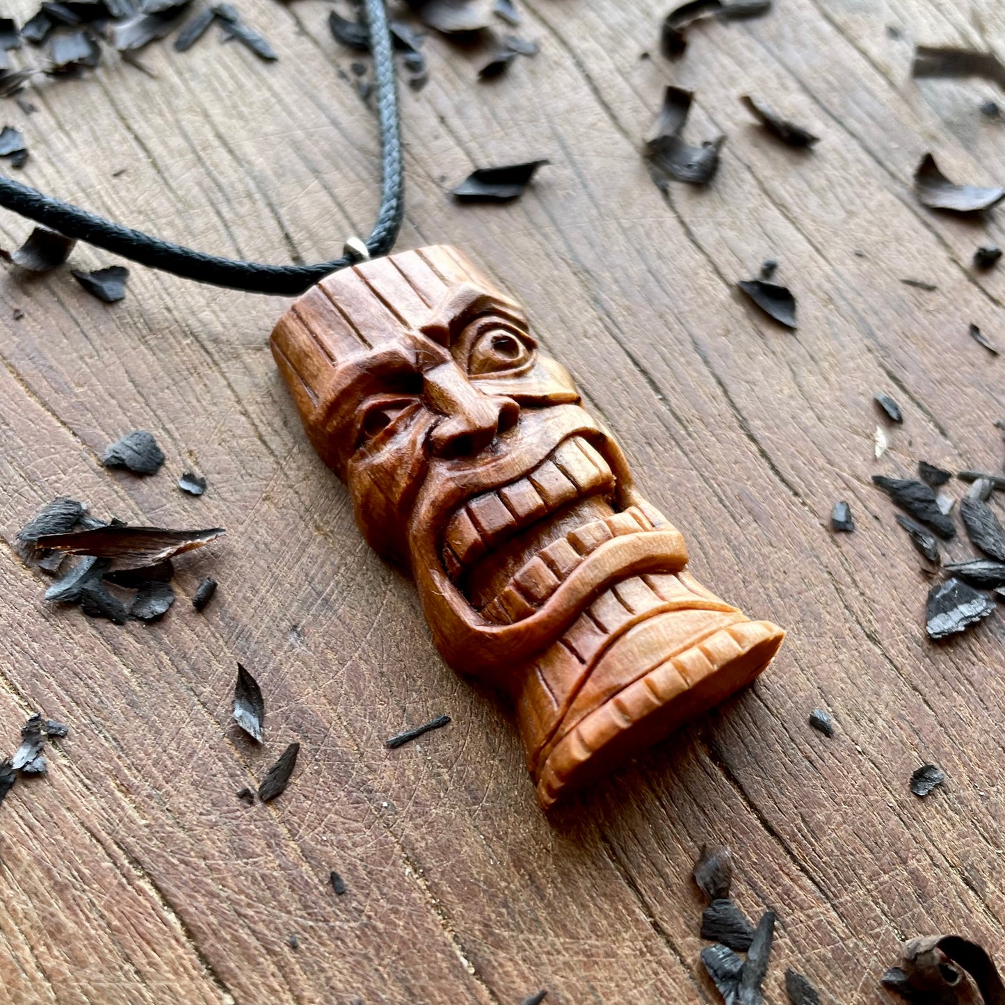 Winking Tiki Mask Plum Wood Pendant