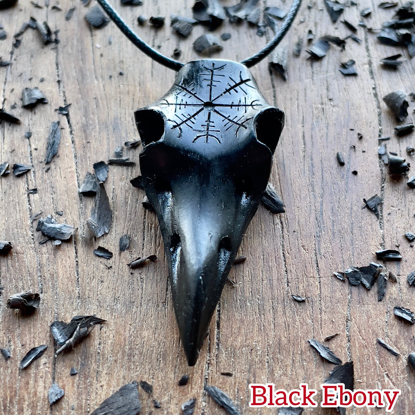 Raven Skull Helm Of Awe Ebony Wood Pendant