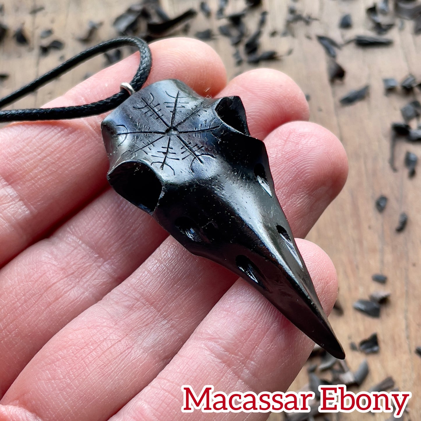 Raven Skull Helm Of Awe Ebony Wood Pendant