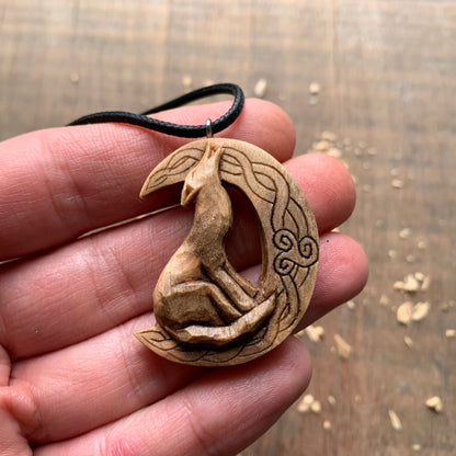 Celtic Howling Wolf on Moon Pendant with Triskelion