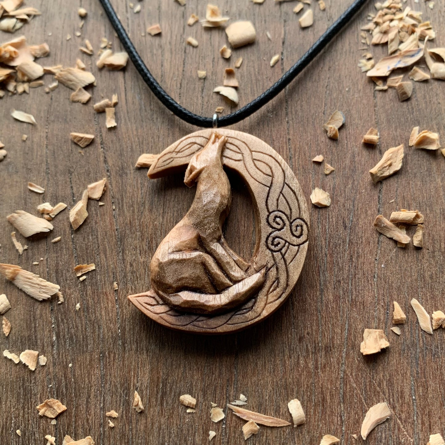 Celtic Howling Wolf on Moon Pendant with Triskelion