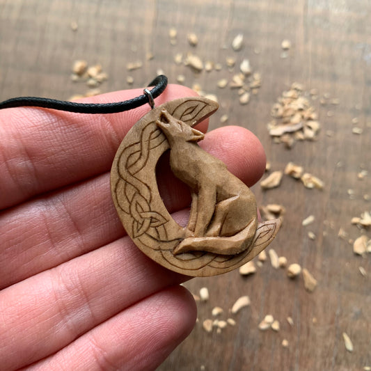 Celtic Howling Wolf on Moon Pendant with Triquetra