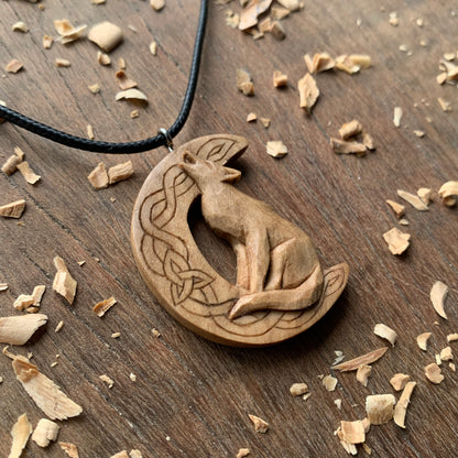 Celtic Howling Wolf on Moon Pendant with Triquetra