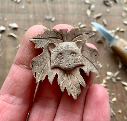 Raccon Head On Maple Leaf Pendant