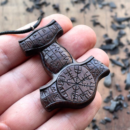 Mjölnir (Thor’s Hammer) Rune Pendant - Vegvísir or Helm of Awe