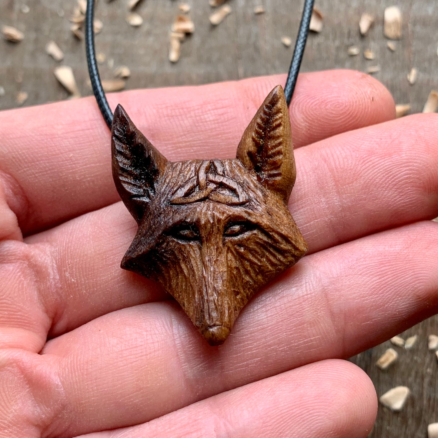 Fox With Triquetra Walnut Wood Pendant