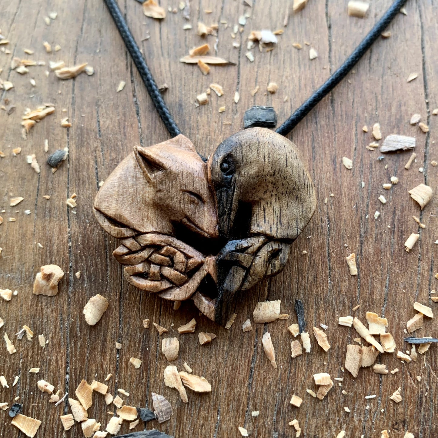 Wolf And Raven Walnut Wood Pendant