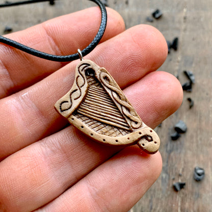 Celtic Harp Walnut Wood Pendant