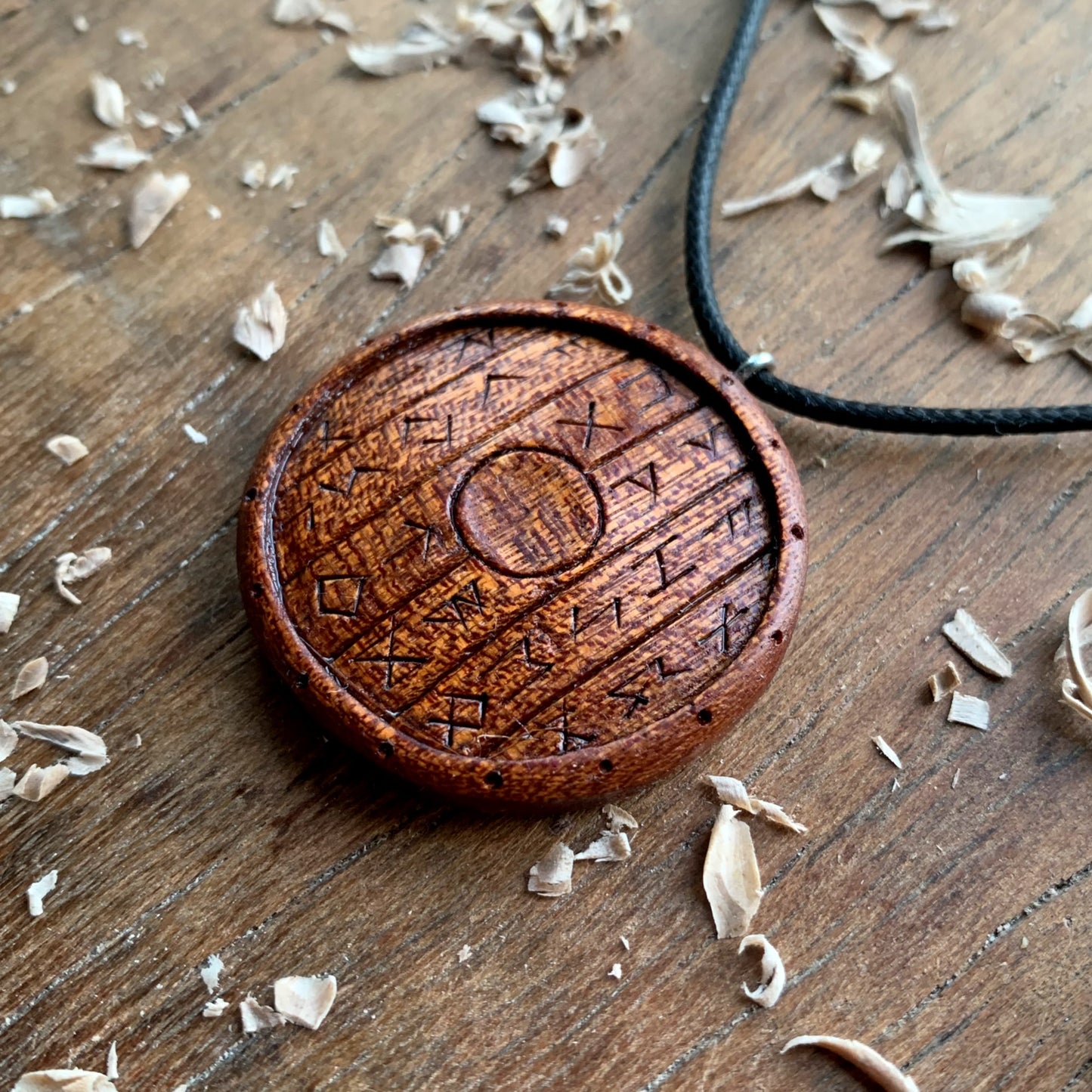 Viking Shield With Runes Mahogany Wood Pendant