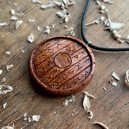 Viking Shield With Runes Mahogany Wood Pendant