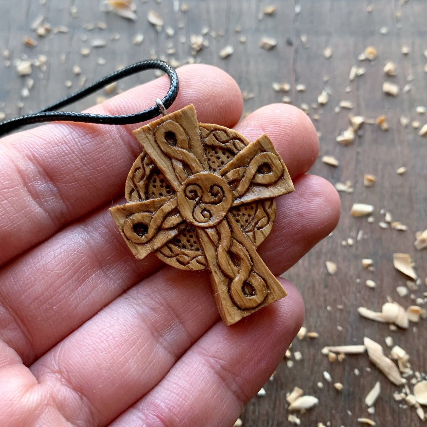 Celtic Cross Triskelion Oak Wood Pendant