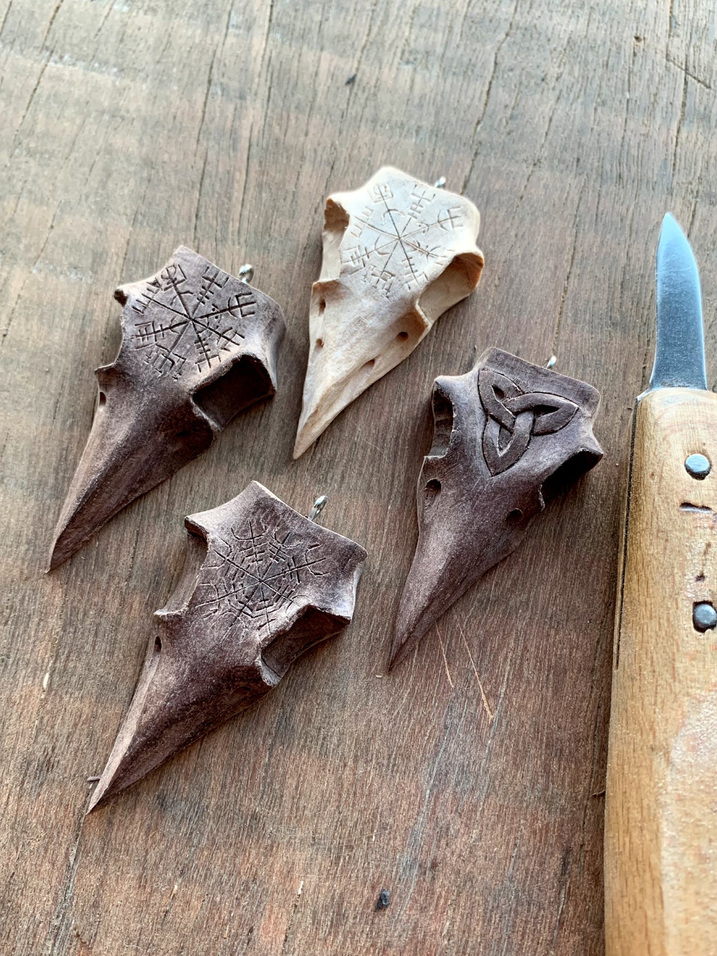 Raven Skull Aegishjalmur Walnut Wood Pendant