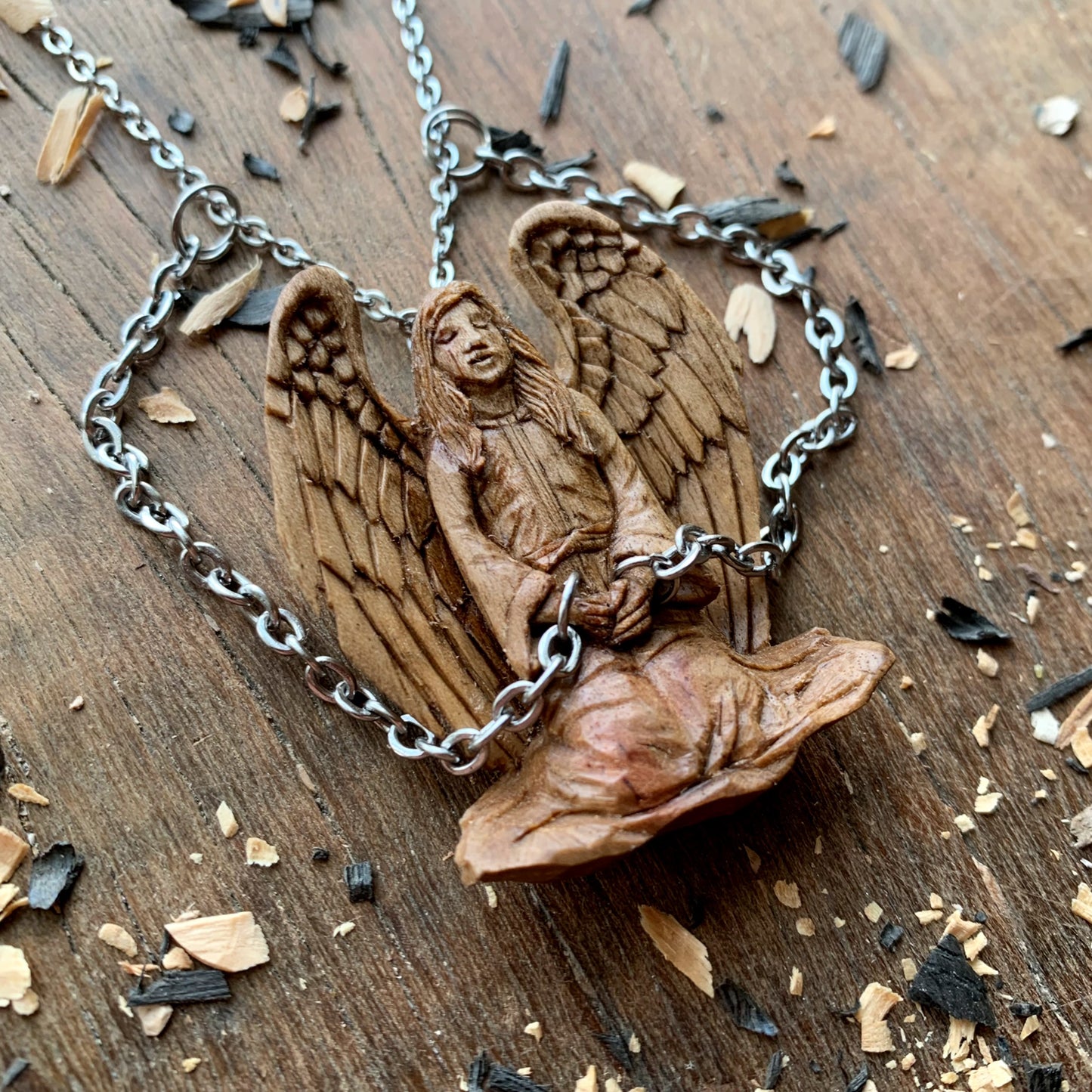 Angel In Chains Walnut Wood Pendant