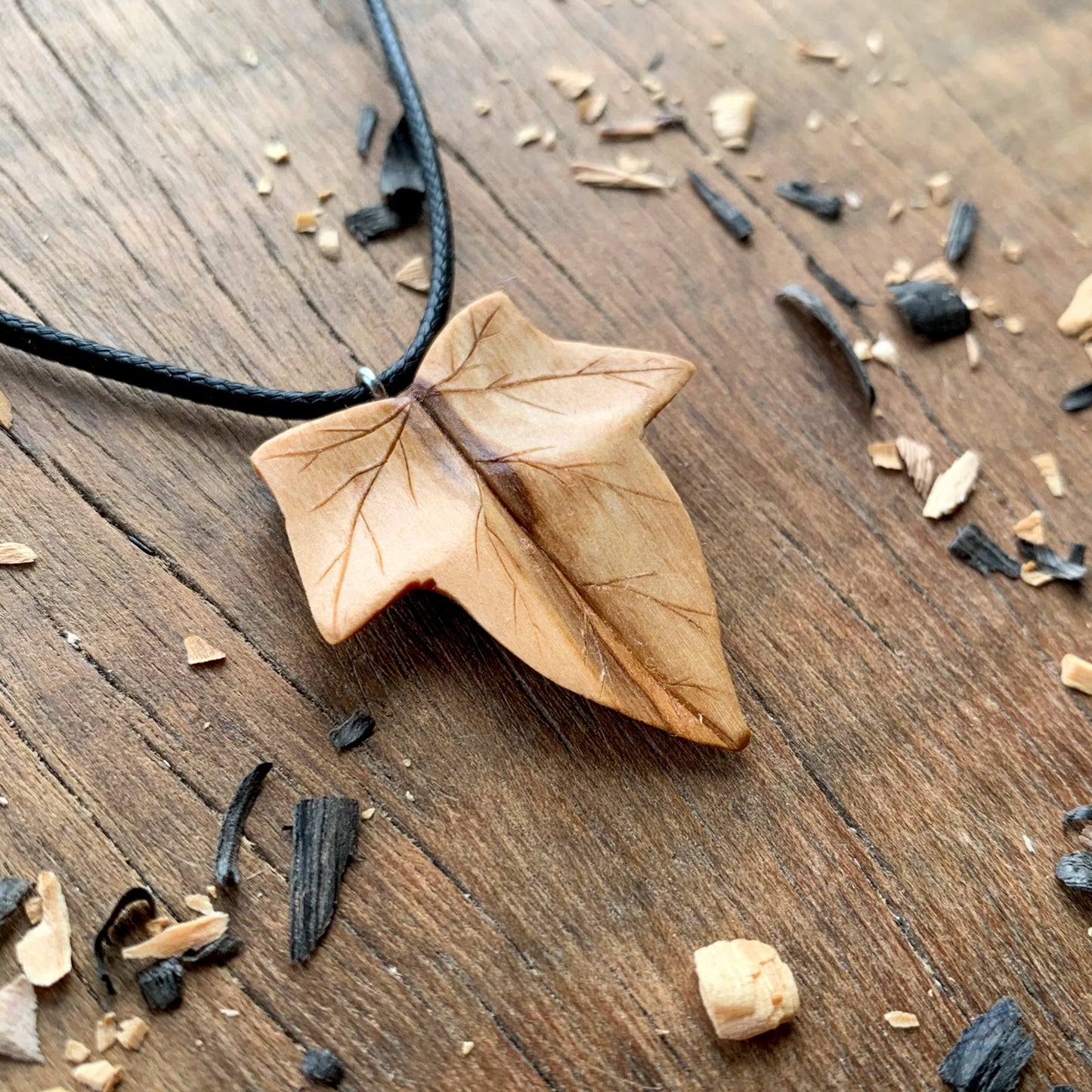 Ivy Leaf Walnut and Olive Wood Pendant