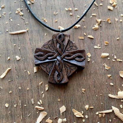 Celtic Cross Triquetra Walnut Wood Pendant