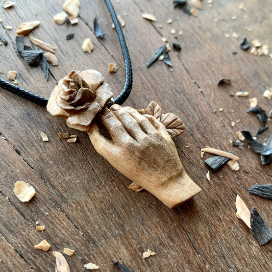Hand With Rose Walnut Wood Pendant